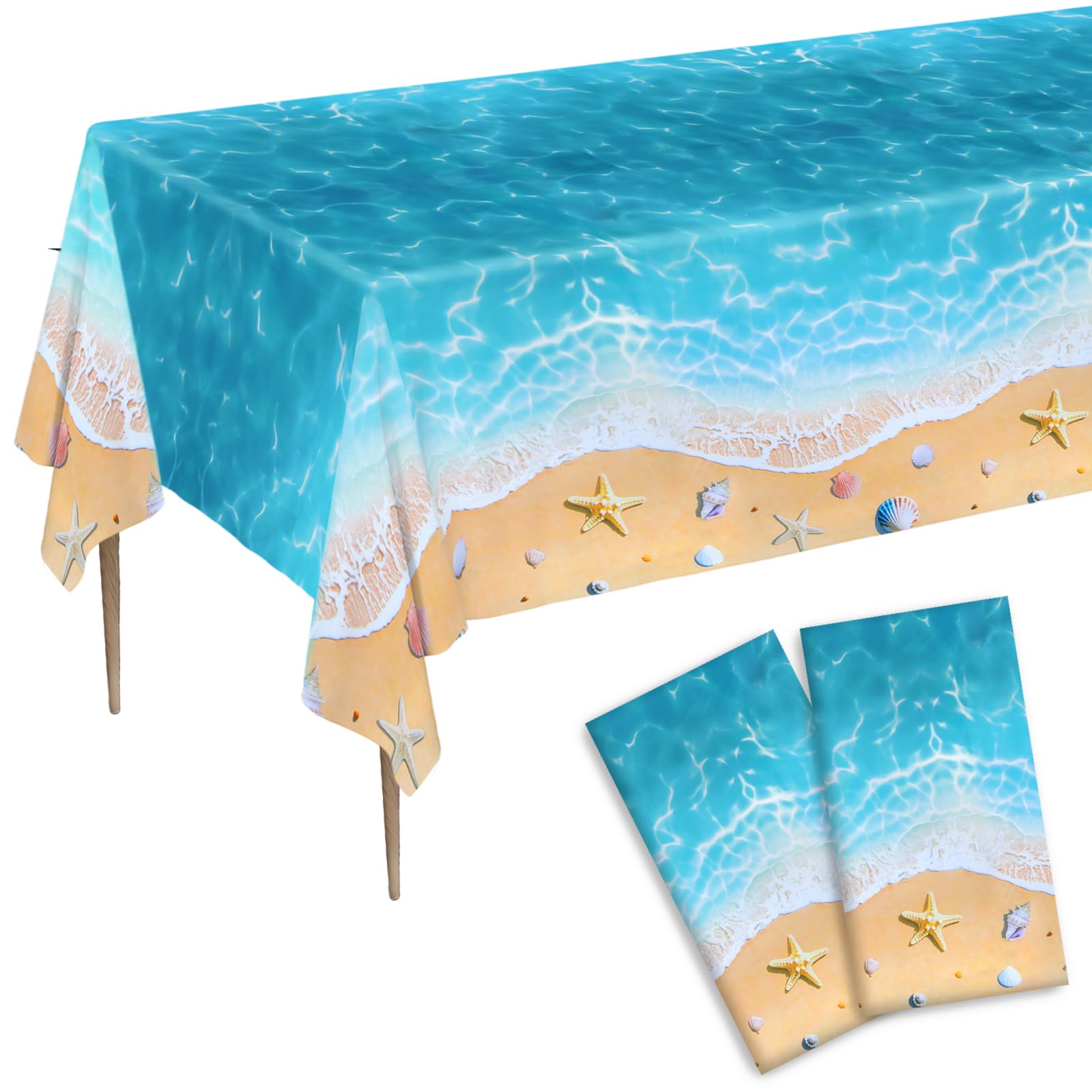 BLMHTWO 2PCS Summer Beach Themed Tablecloth, 108 x 54 Inch Disposable Ocean Tablecloth, Ocean Waves Pool Party Decorations Beach Plastic Table cloth