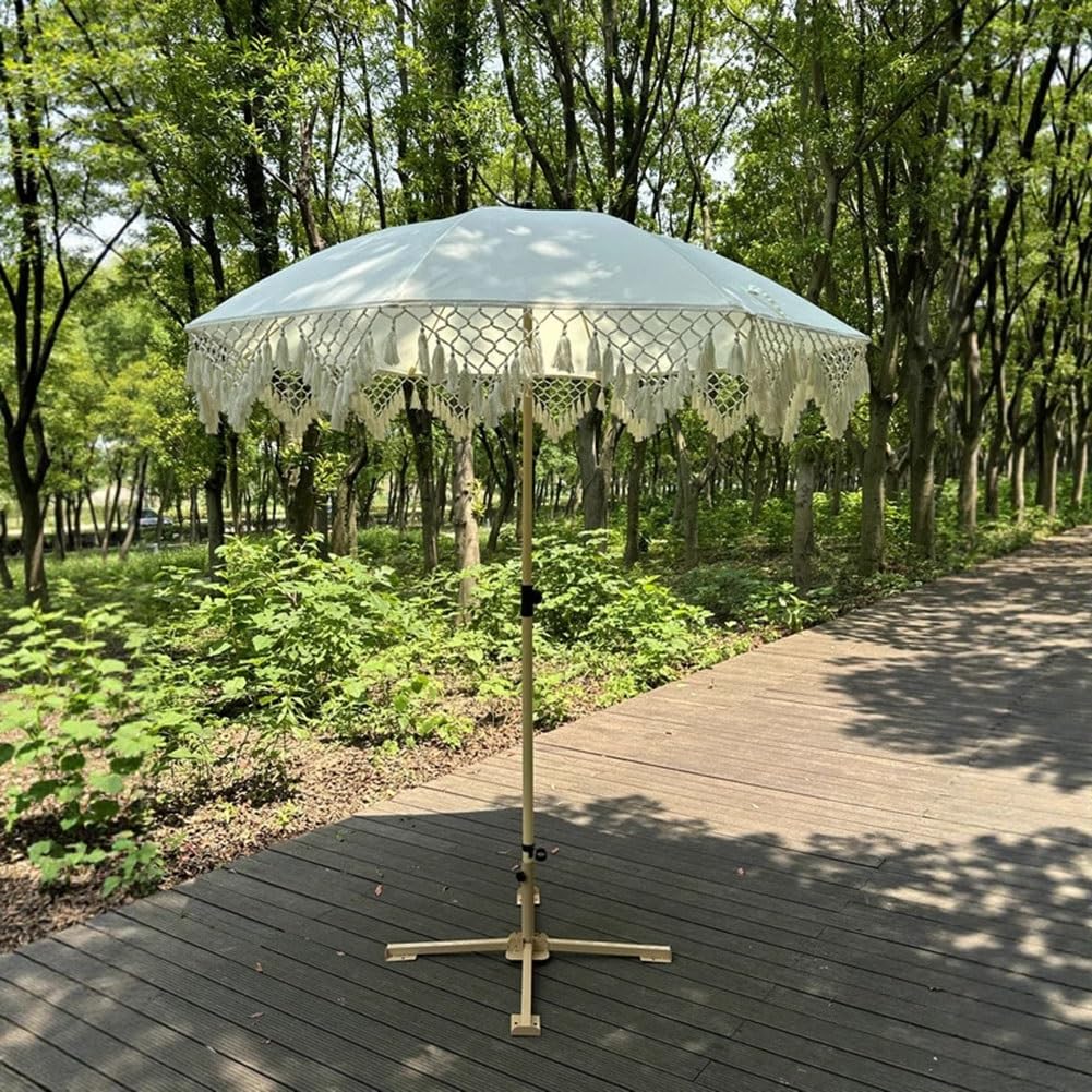 Ombrellone Boho con Frange per Patio Esterno, ombrellone da Spiaggia da 200 cm con inclinazione a Pulsante e palo in Acciaio Resistente, UPF50+, Bianco Antico
