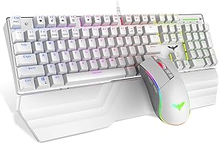 Havit Teclado mecânico e mouse Combo RGB Gaming 104 teclas Interruptores azuis Teclado USB com fio com descanso de pulso removível, mouse para jogos programável para PC Gamer Computador Desktop (Branco) 389L-US-W