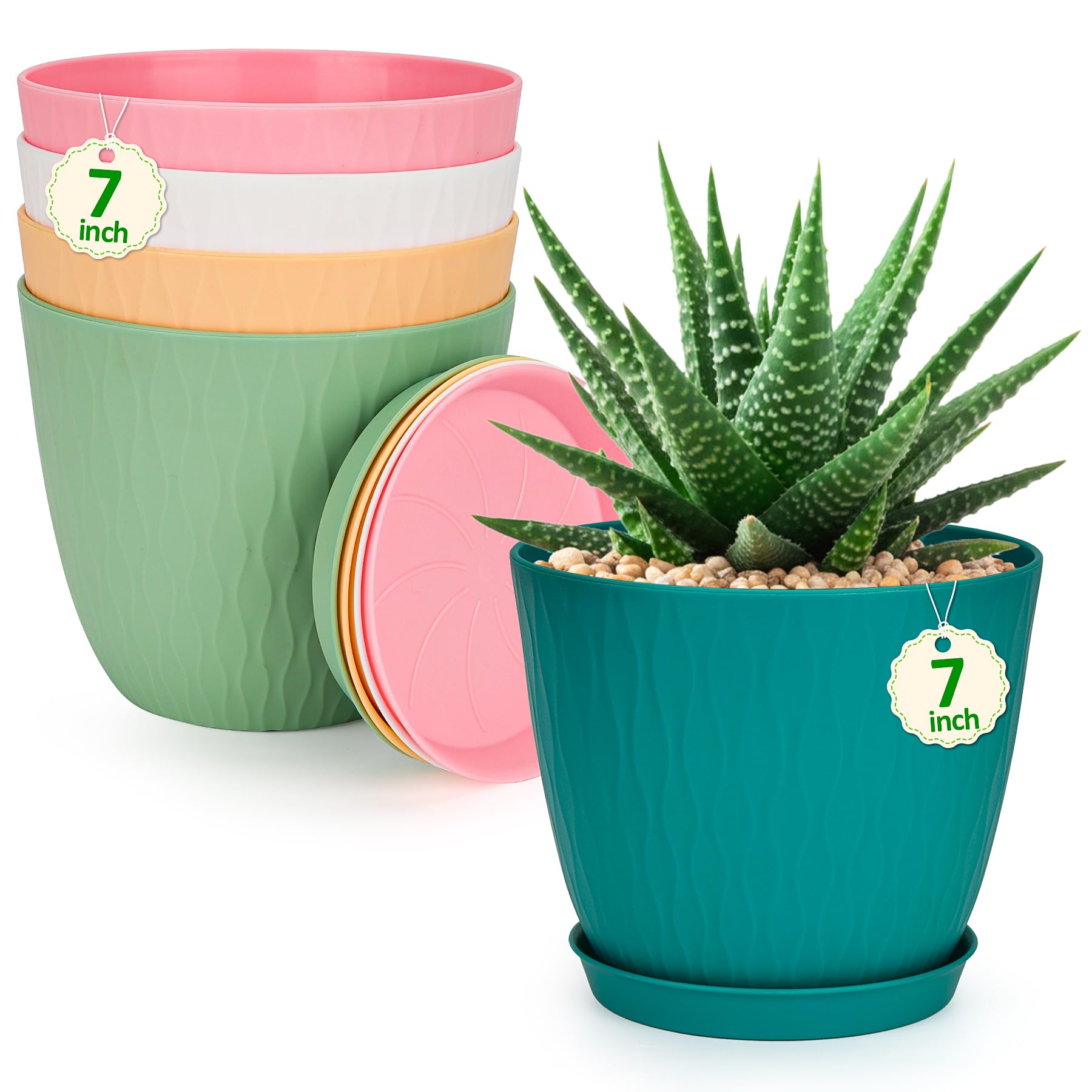 CSYY Plant Pots Indoor, Plastic Planters with Drainage Holes and Saucer, Decorative Stripe Grooves Flower Pots for Indoor Outdoor Houseplants (Colorful, 7in) — image 1