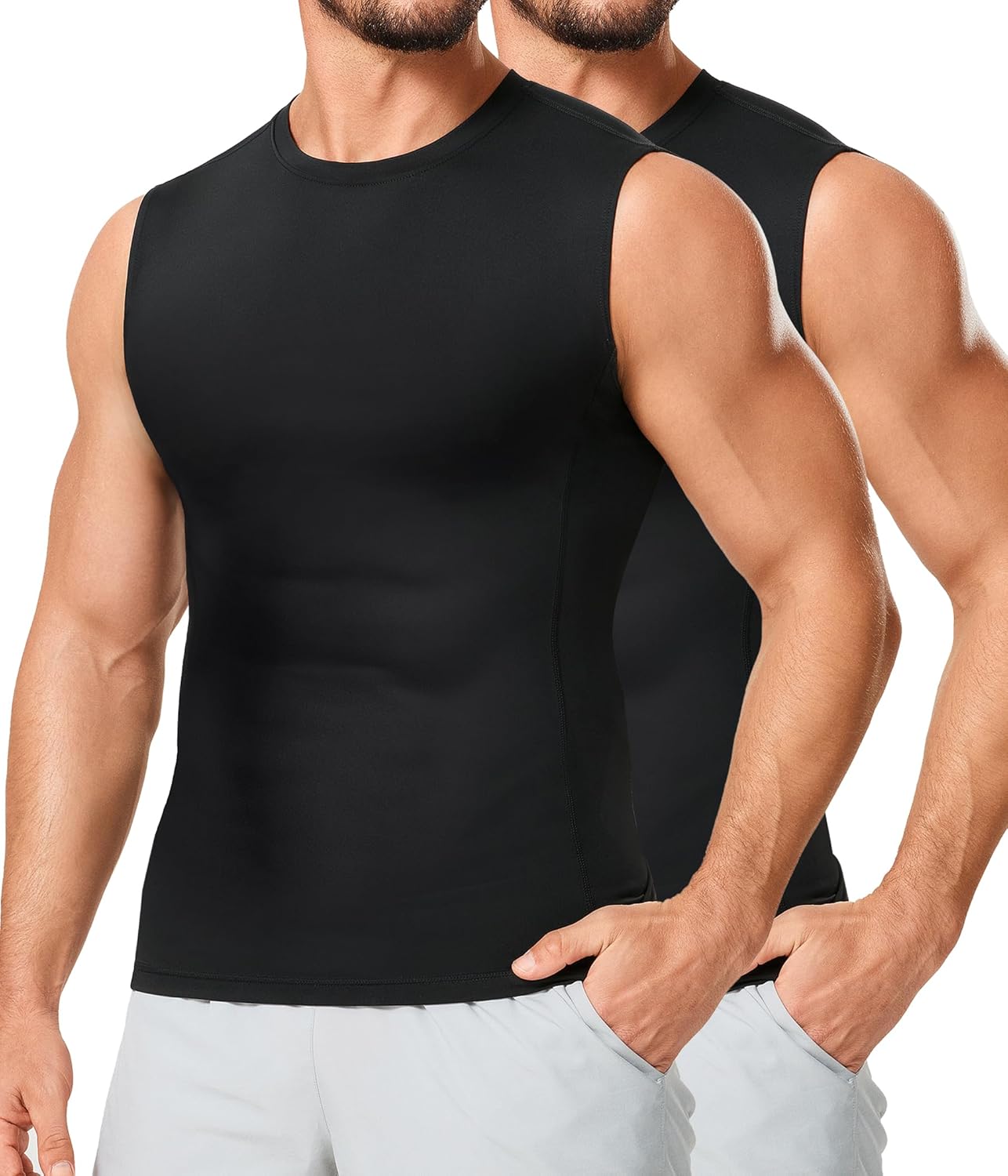 TAILONG 2 Pack Compression Shirt Men - Athletic Base Layer Sleeveless Workout Tank Top Slimming Undershirt