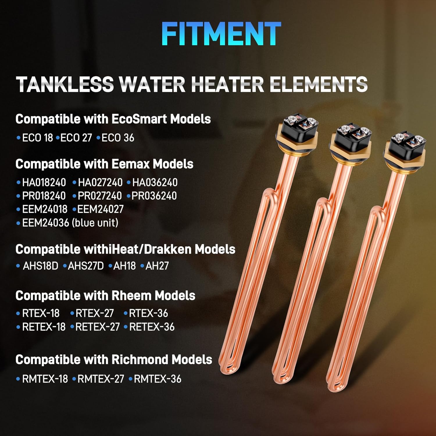HE 90240 Heating Element 9KW 240V Compatible with EcoSmart ECO 18 27 36 Rheem RTEX RETEX Richmond RMTEX Eemax iHeat/Drakken 9KW 18KW 27KW 36KW 240V set of 3 Tankless Water Heater Elements