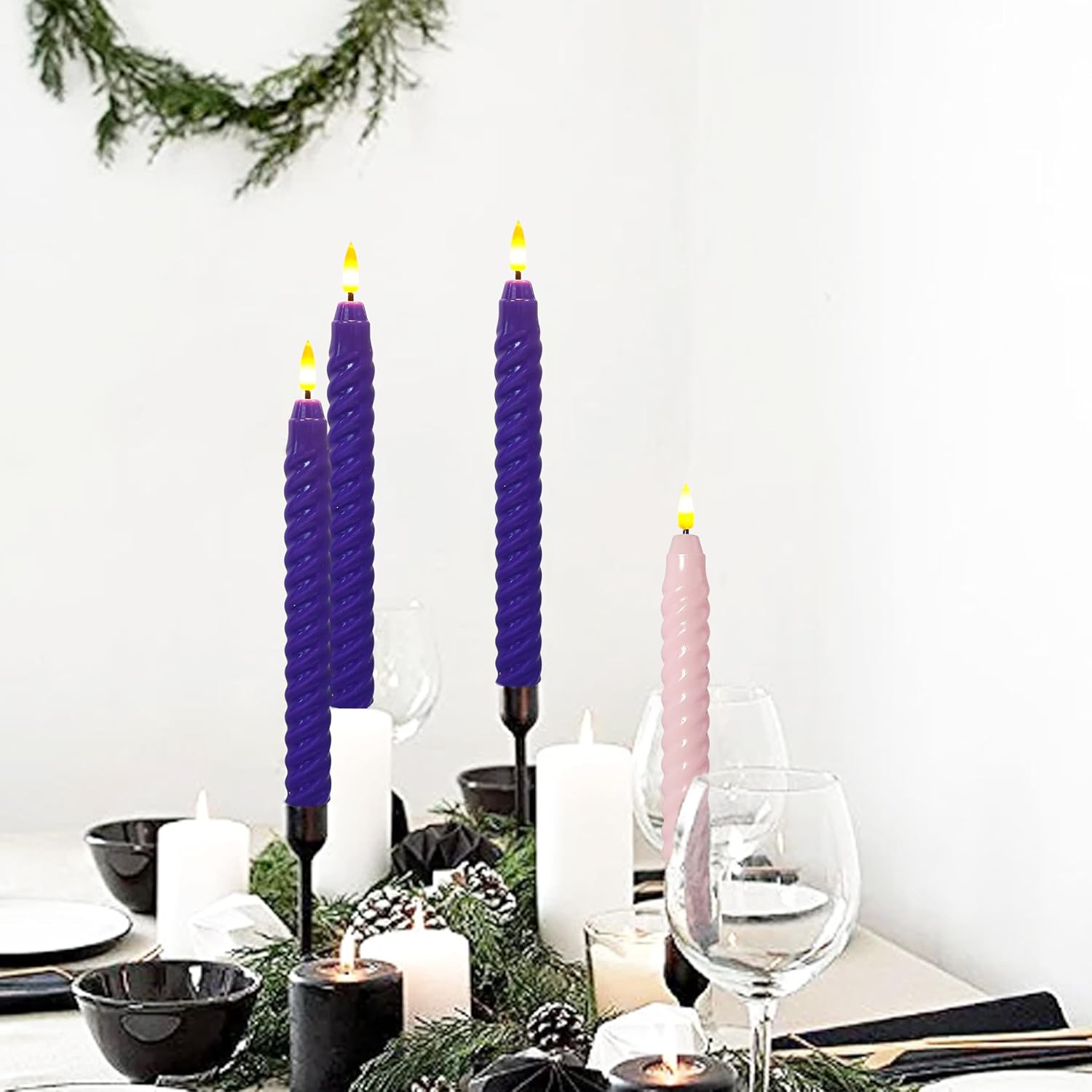 3Purple 1Pink Christmas Advent Spiral Flameless Taper Candles, 9.8 Inch Flickering Candles with Remote and Timer, Real Wax Candlesticks LED Battery Operated 3D Wick for Party Home Decor, 4PCS