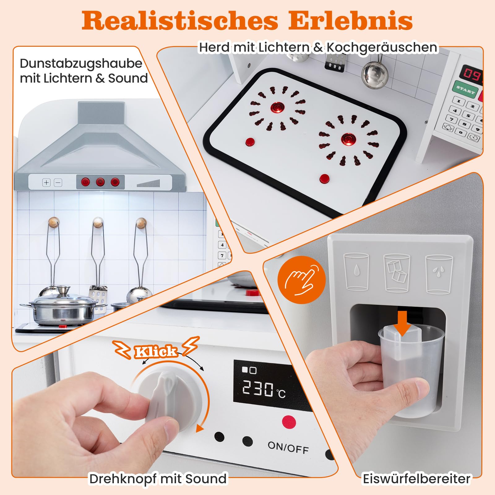 DREAMADE Kinderküche Holz mit Zubehör, Kinder Küche mit Herd Spüle Backofen Waschmaschine, Kinderspielküche mit Licht & Sound, Spielküche für Kinder ab 3 Jahren (Grau)