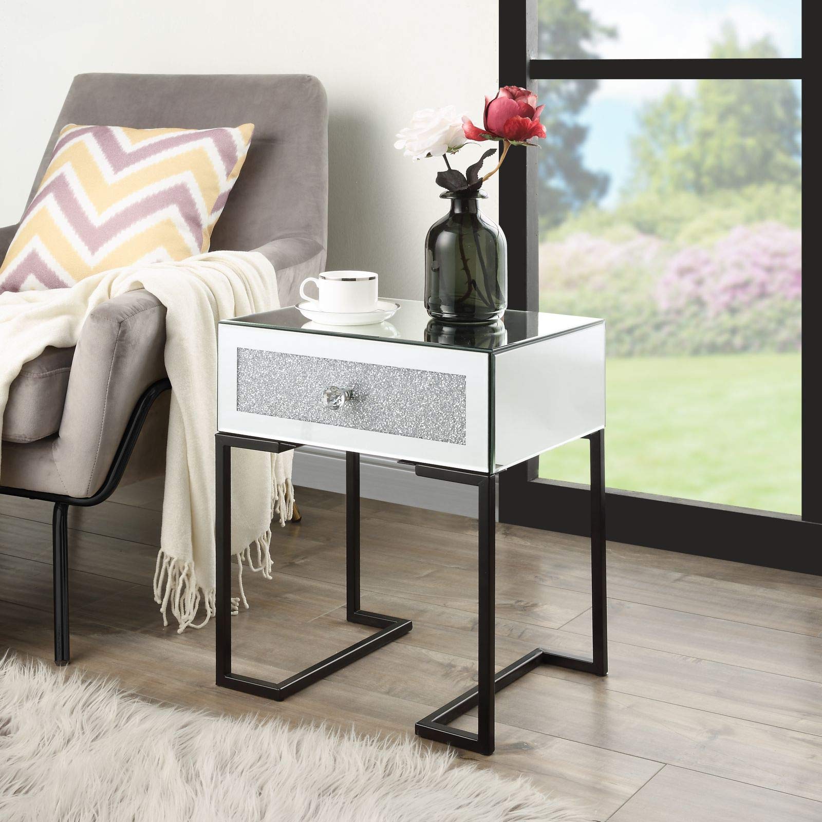 Buy Mirrored Nightstand with Crystal Diamond Inlay, Silver Mini