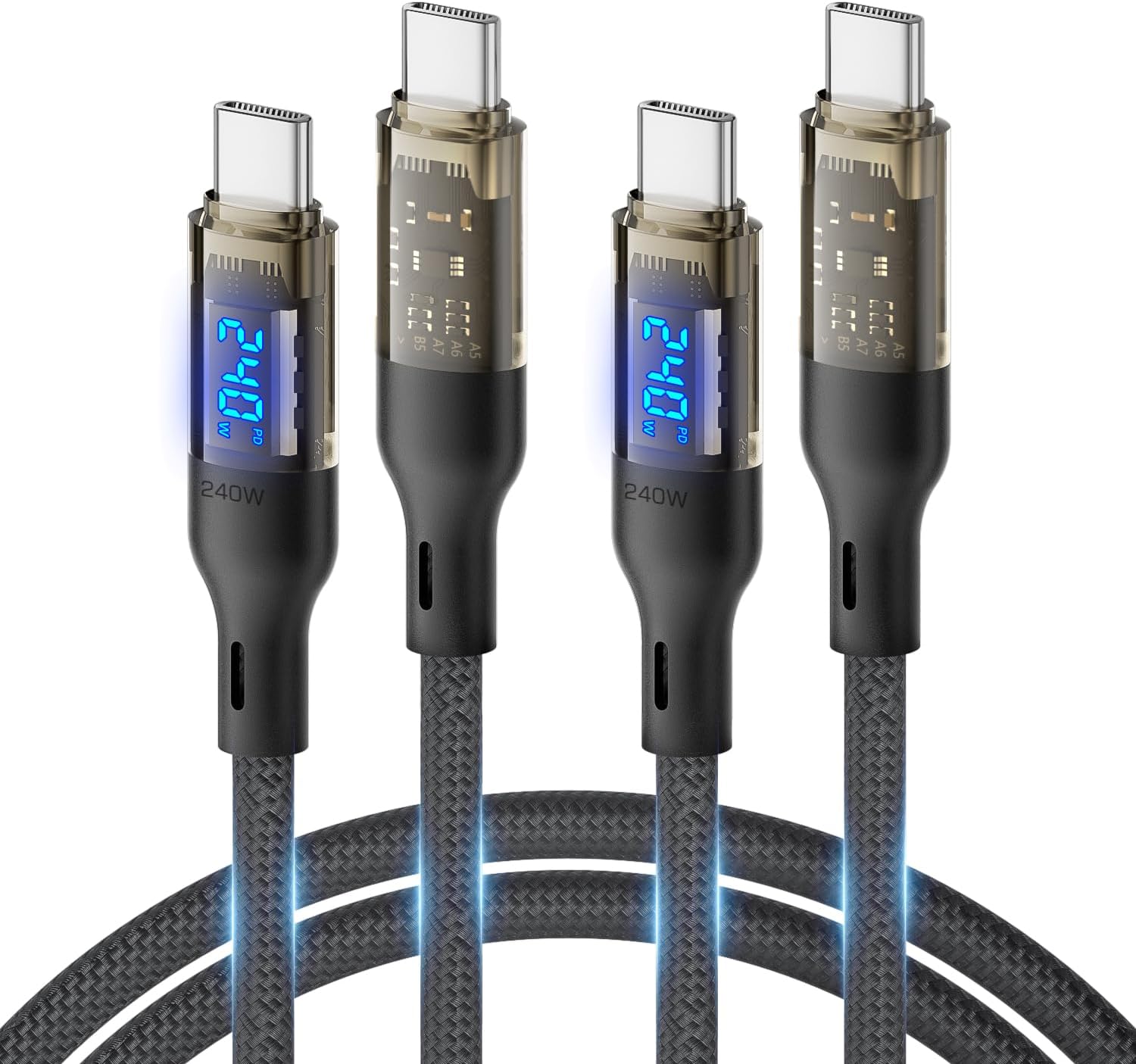 SOOPII 240W USB C to USB C Cable[4ft 2-Pack],Fast Charging USB C Cable with LED Display for Galaxy S23+/S23Ultra/S22Ultra,MacBook Pro,lPhone15/15Pro/15ProMax,etc,Transparent Shell,(Black)