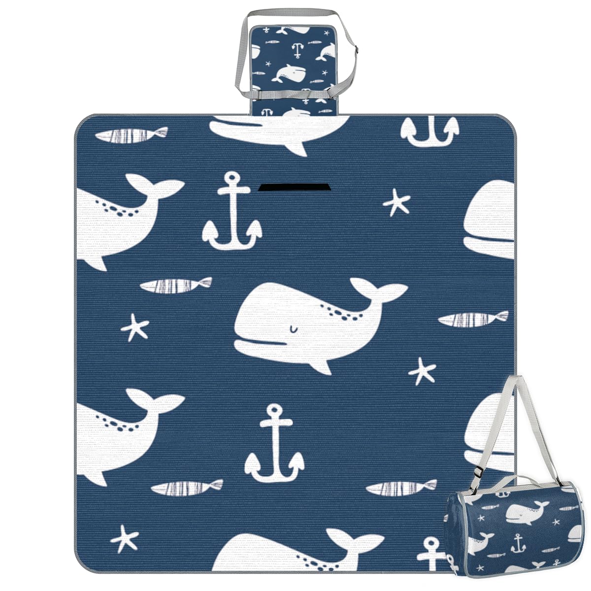 Shimoshe Picnic Blankets 57”x 59”, Anchor Whale Waterproof Sandproof Picnic Mat Lightweight Foldable Beach Blanket for Camping Park Grass Beach Outdoor Blanket