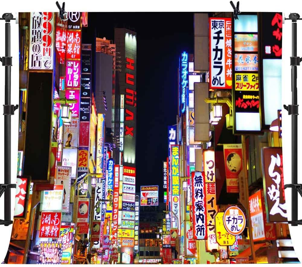 10x7ft Shinjuku Night Commercial Street Neon Signboard Backdrop, Japan Tokyo Nightscape Photography Background, Studio Props LYPH1500