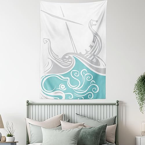 Miniatura 5 de Ambesonne Kraken - Tapiz vikingo con diseño de naves escandinavos de vela en las olas, pantalla retro, colgante de pared para dormitorio, sala de