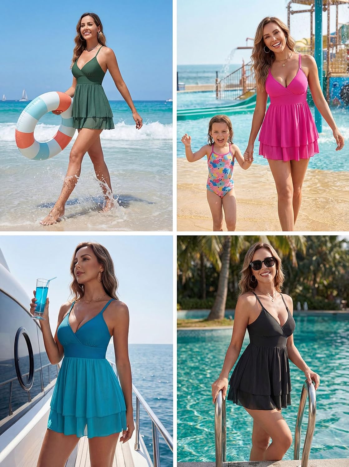 Smismivo One Piece Swim Dress Swimsuit Tummy Control Deep V-Neck Bathing Suit with Skirt Ruffle for Women Summer Vacation