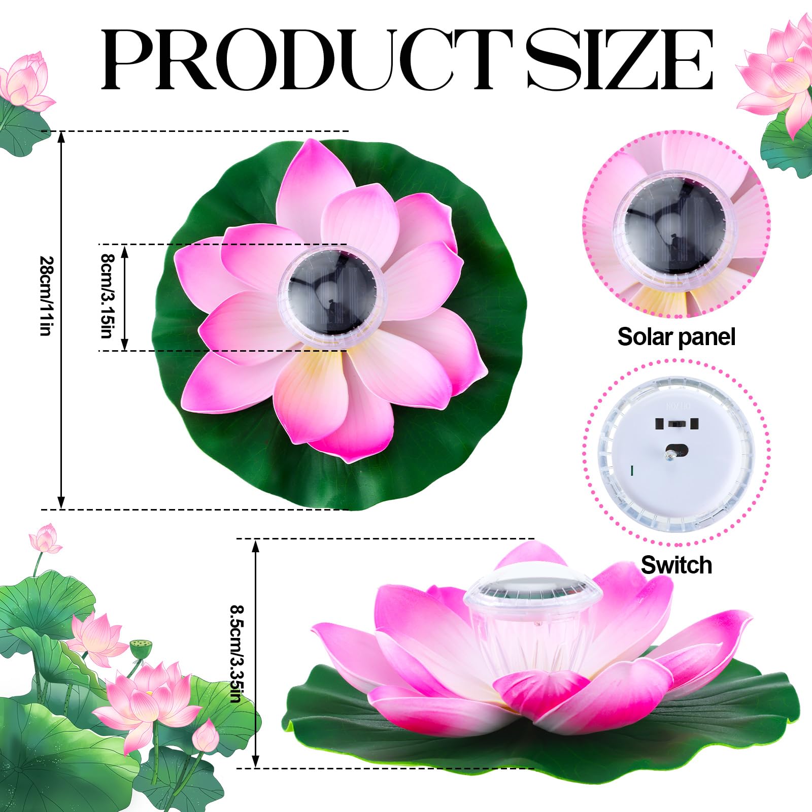 VIHOSE 4 luces solares de 11 pulgadas para estanque, lámpara flotante de flor de loto, luz de lirio, luz flotante para piscina, estanque, decoración de jardín, 4 unidades