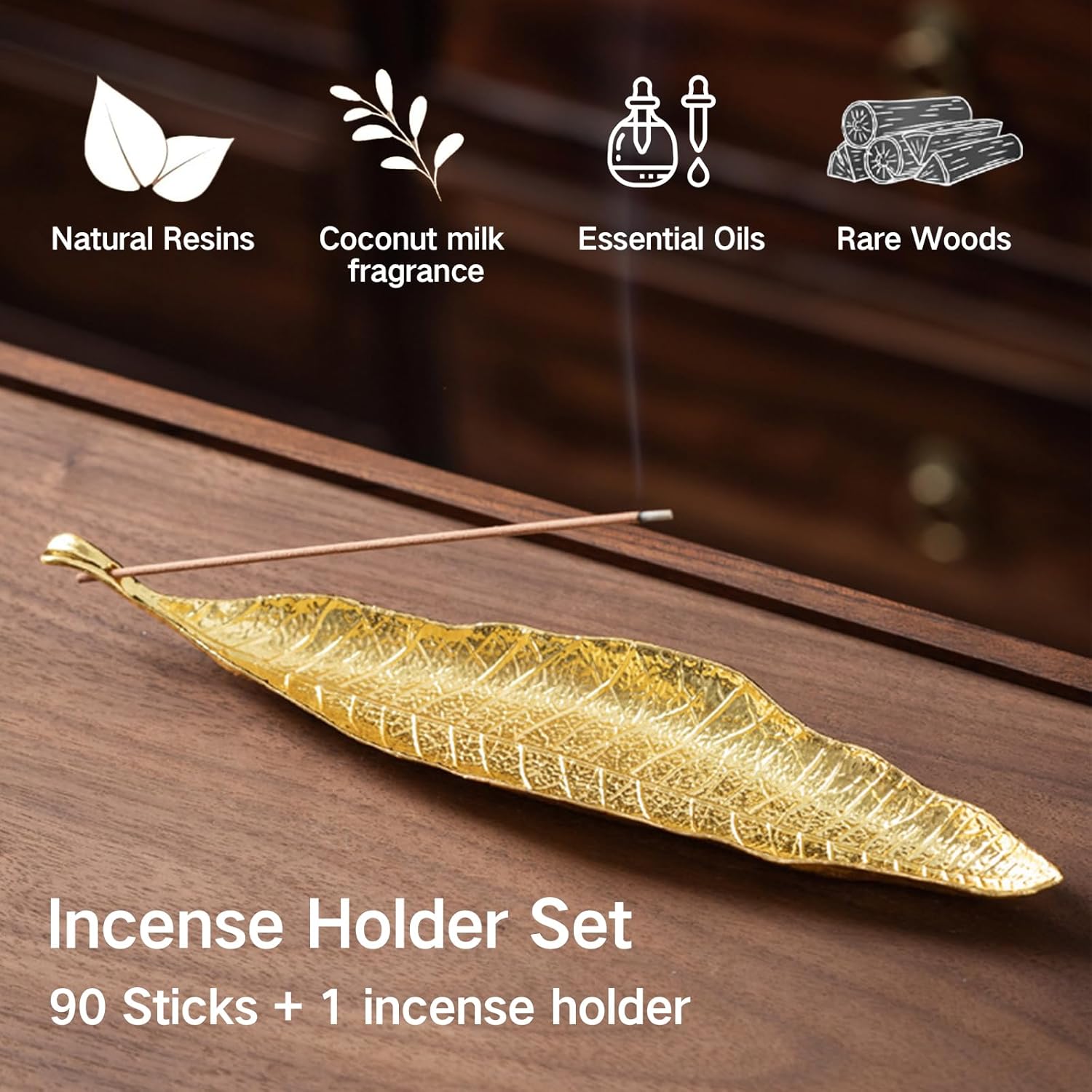 Sandalwood Incense Sticks Gift Set - 90 Natural Long Burning Sticks with Coconut Milk Aroma & Bronze Leaf Holder in Gift Box - Aromatherapy, Meditation, Yoga, Relaxation & Spiritual Rituals