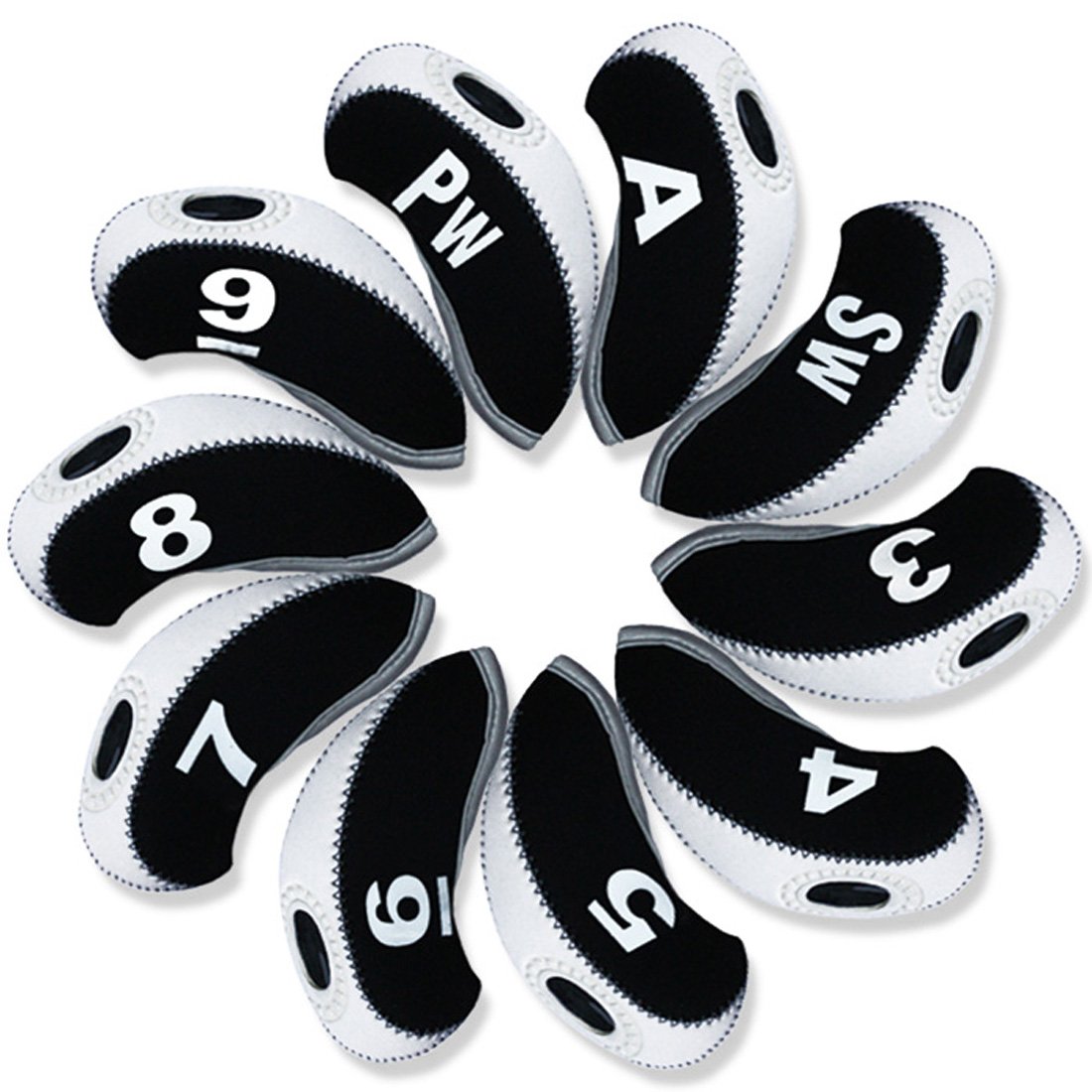 Andux Number Print Golf Iron Club Head Covers with Transparent Window 10pcs/Set Black/White