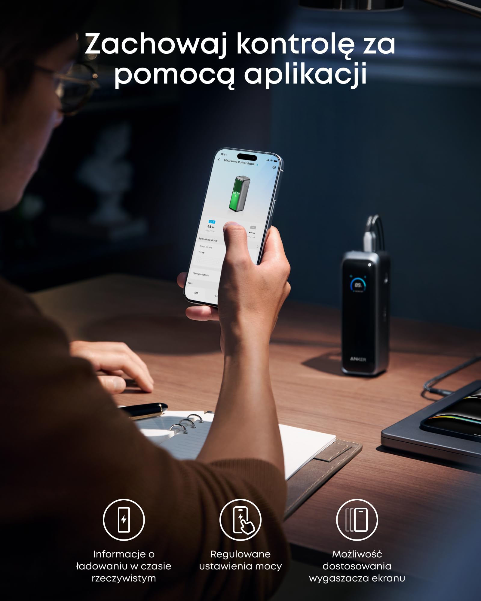 Anker Prime powerbank, 20100 mAh, 220 W, 3 porty, ładowanie dwukierunkowe | dopuszczony do transportu lotniczego, sterowanie przez aplikację, do MacBook, iPhone z serii 17/16/15. (bez bazy ładującej)