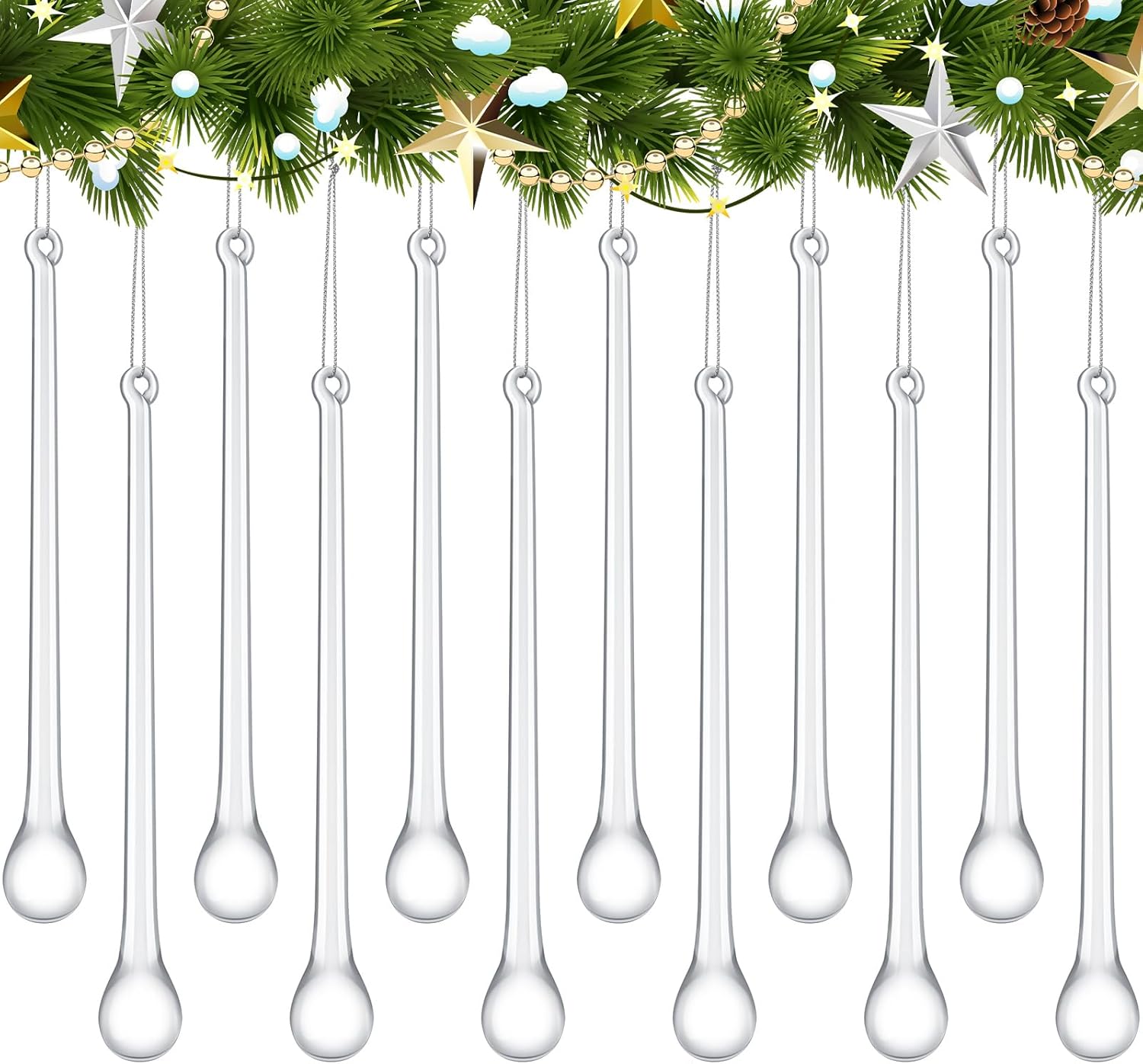 24 Pcs Glass Icicles Christmas Ornaments 4.72” x 0.59” Extra Long Clear Teardrop Christmas Chandelier Decorations Crystal Hanging Ornaments Glass Raindrops for Xmas Tree Decor Party