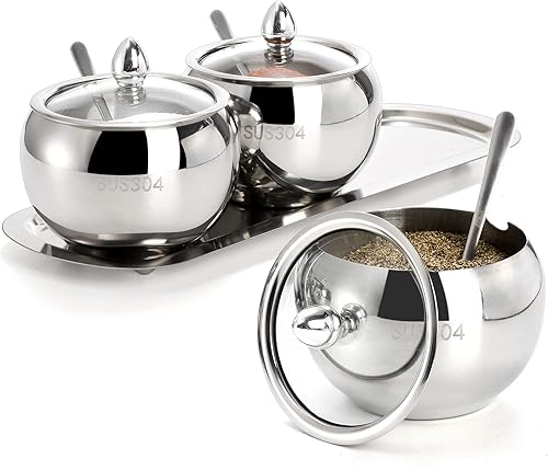 Hedume Juego de 3 contenedores de condimentos de acero inoxidable 304 con 3 rejillas, tapa, cuchara y bandeja, tarros de especias para condimentos,