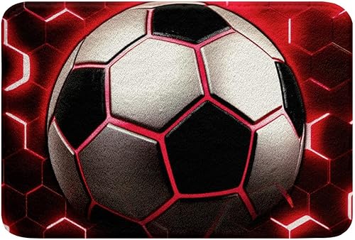 Erosebridal Alfombra de baño de fútbol para niños, alfombra de baño de microfibra de fútbol, decoración de luz de neón roja, antideslizante,