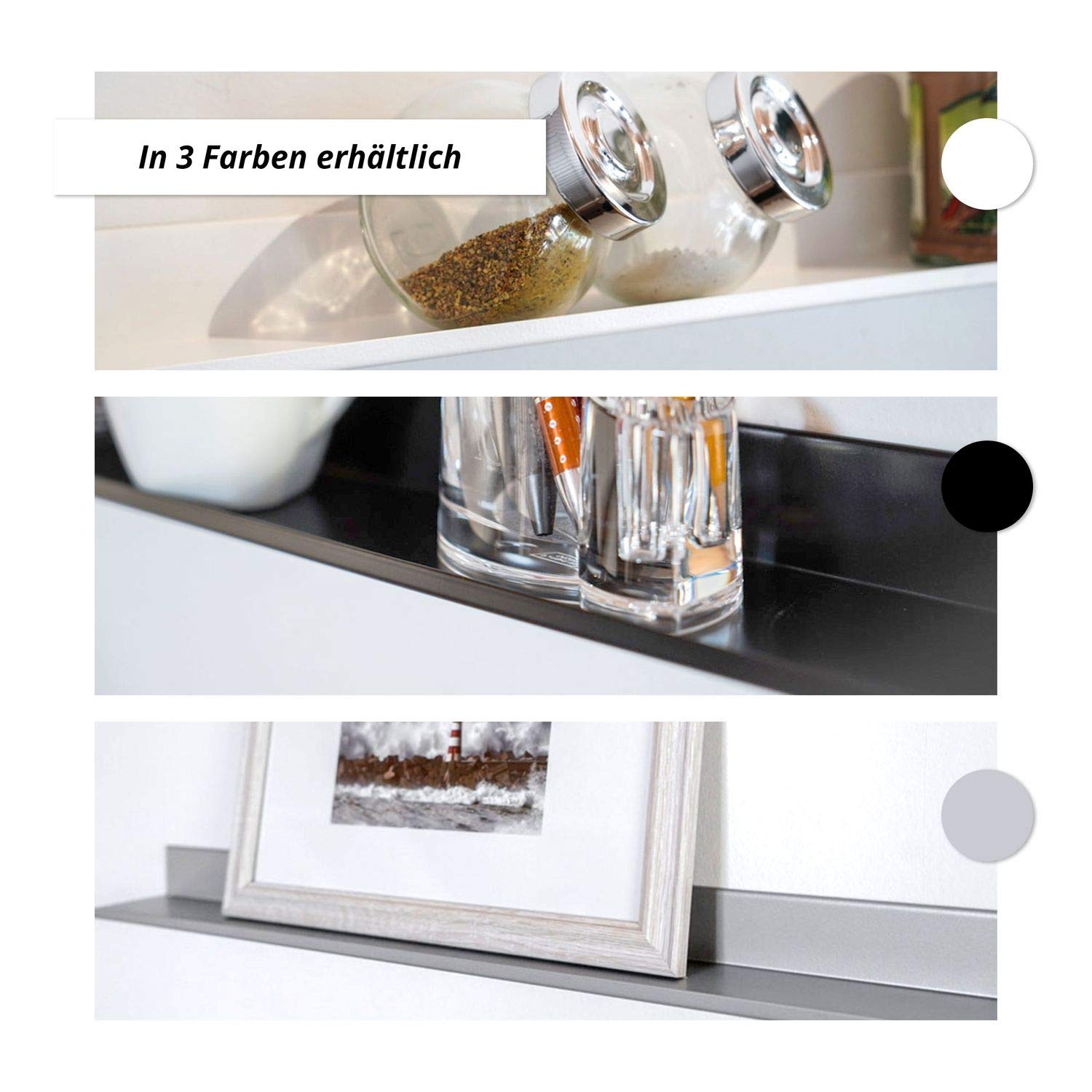 HN Wandboard, Bilderleiste, Bücherleiste, Wandregal aus Metall, Länge Wandboard:118 cm, Farbe Wandboard:Weiß Seidenmatt