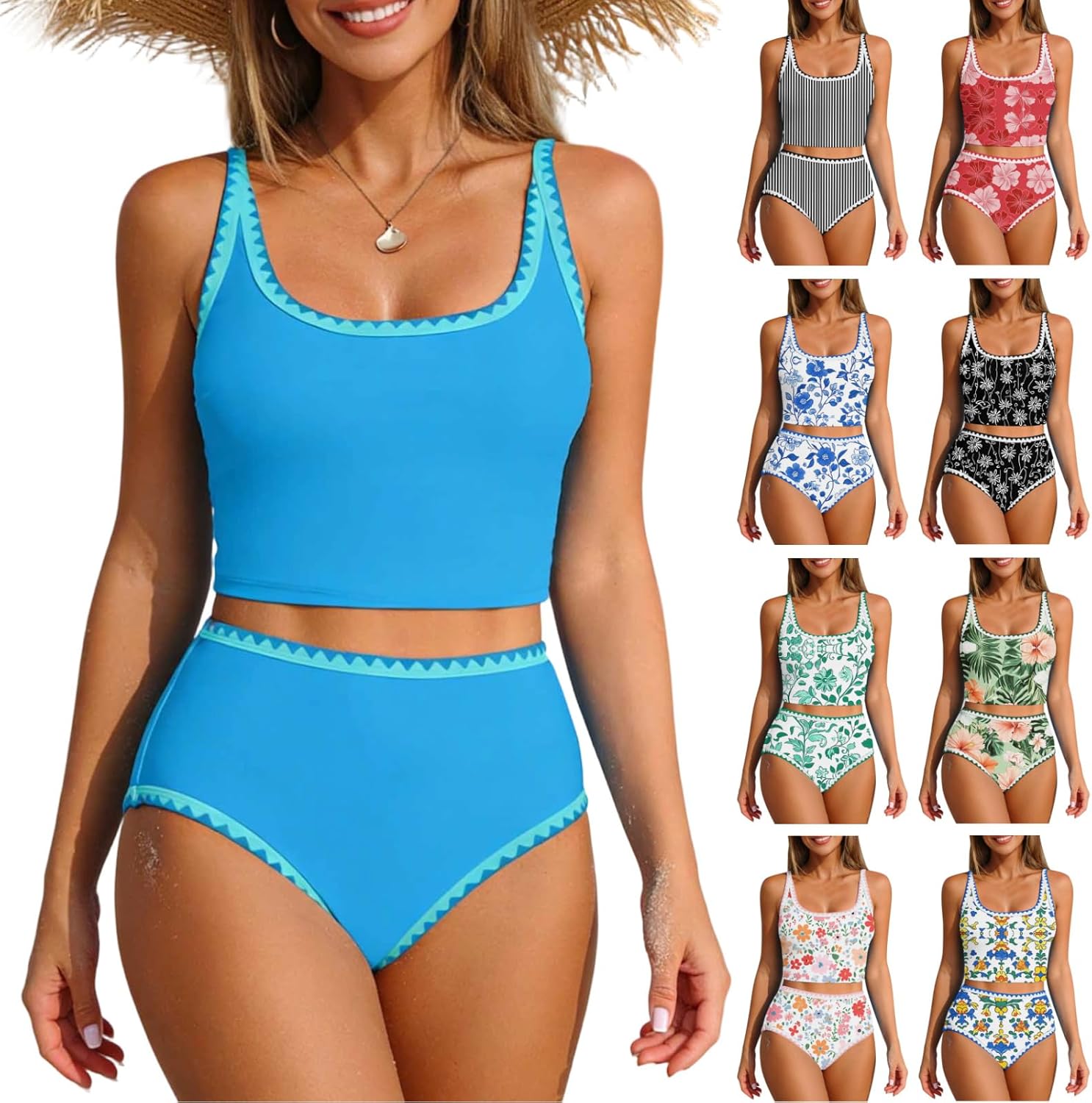 YRAETENM Women's Bikini Sets Modest Two Piece Tummy Control Bathing Suits Whip Stitch Scoop Swim Top with High Waisted Bottom
