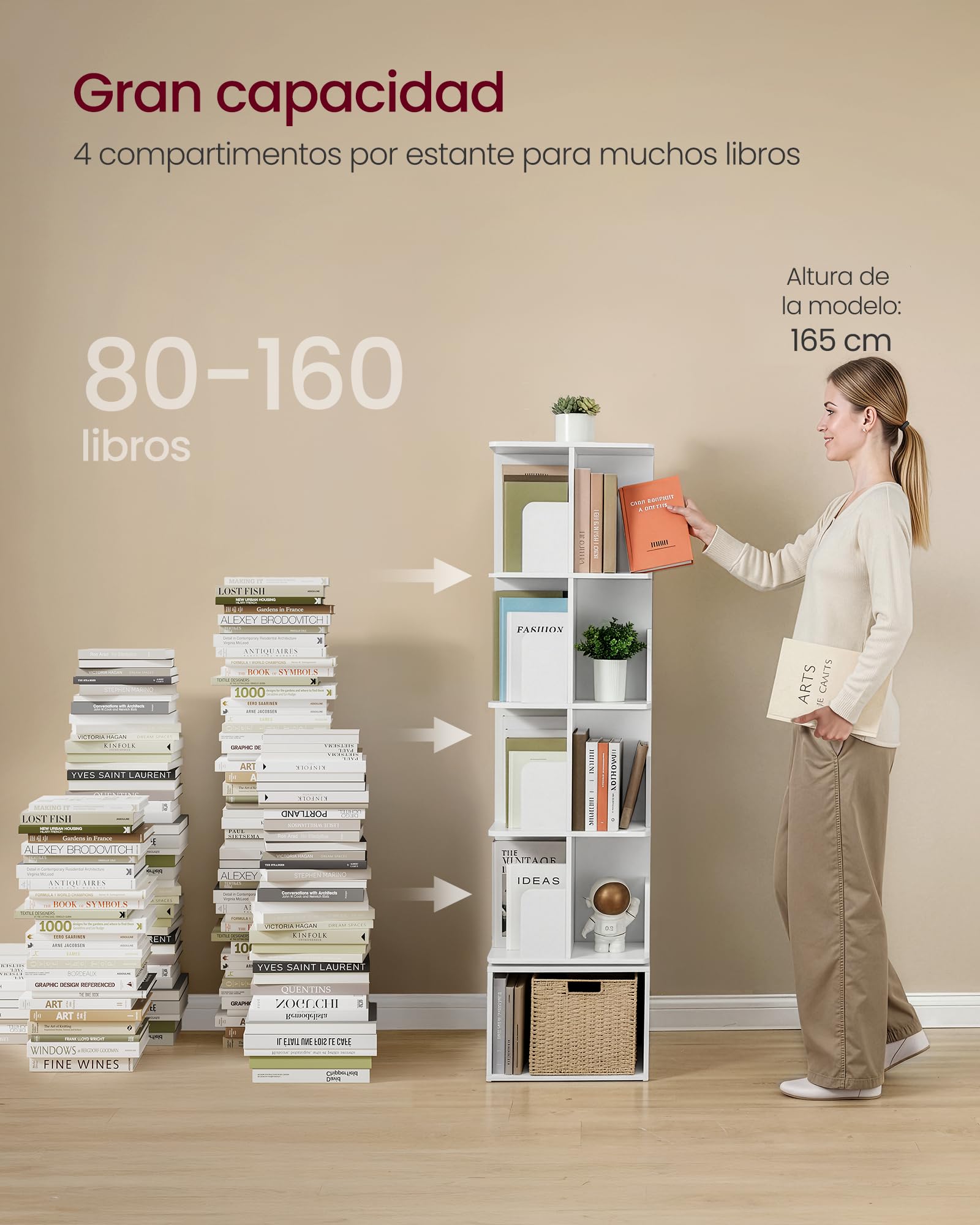 VASAGLE Custos Colección - Estantería Giratoria de 5 Niveles, Librería Rotatoria 360°, con Compartimentos Abiertos, 40 x 40 x 155,8 cm, para Dormitorio, Salón, Oficina, Blanco Nube LBC472WB01