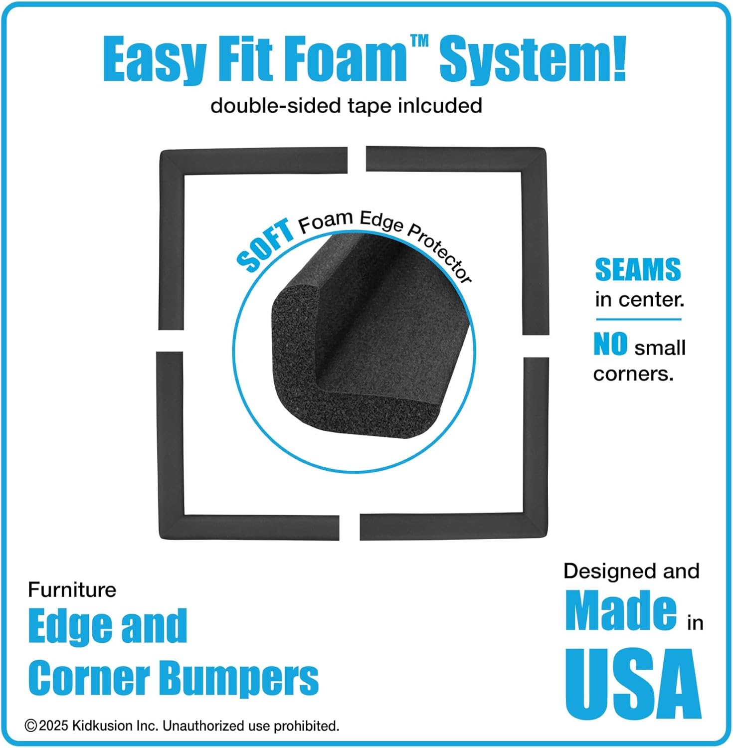 KidKusion Corner and Edge Protector | Easy Fit System | Soft Durable Foam Rubber Padding for Furniture w/Doublesided Tape | Babyproofing Bumper Guards | Large Profile | 20 Ft. | Black