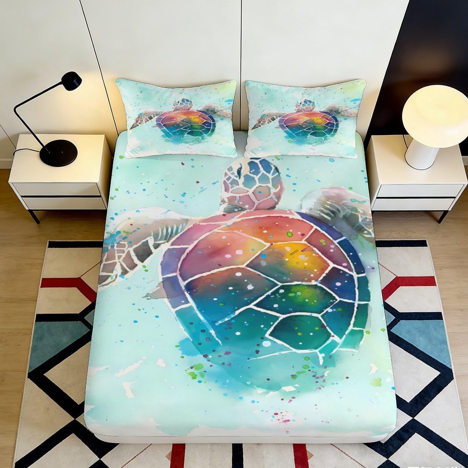 3D Printed Watercolor Sea Turtle Fitted Sheet Microfiber Soft Anti-Slip Mattress Cover for Bedroom Dorm Easy Care 90x200x25cm