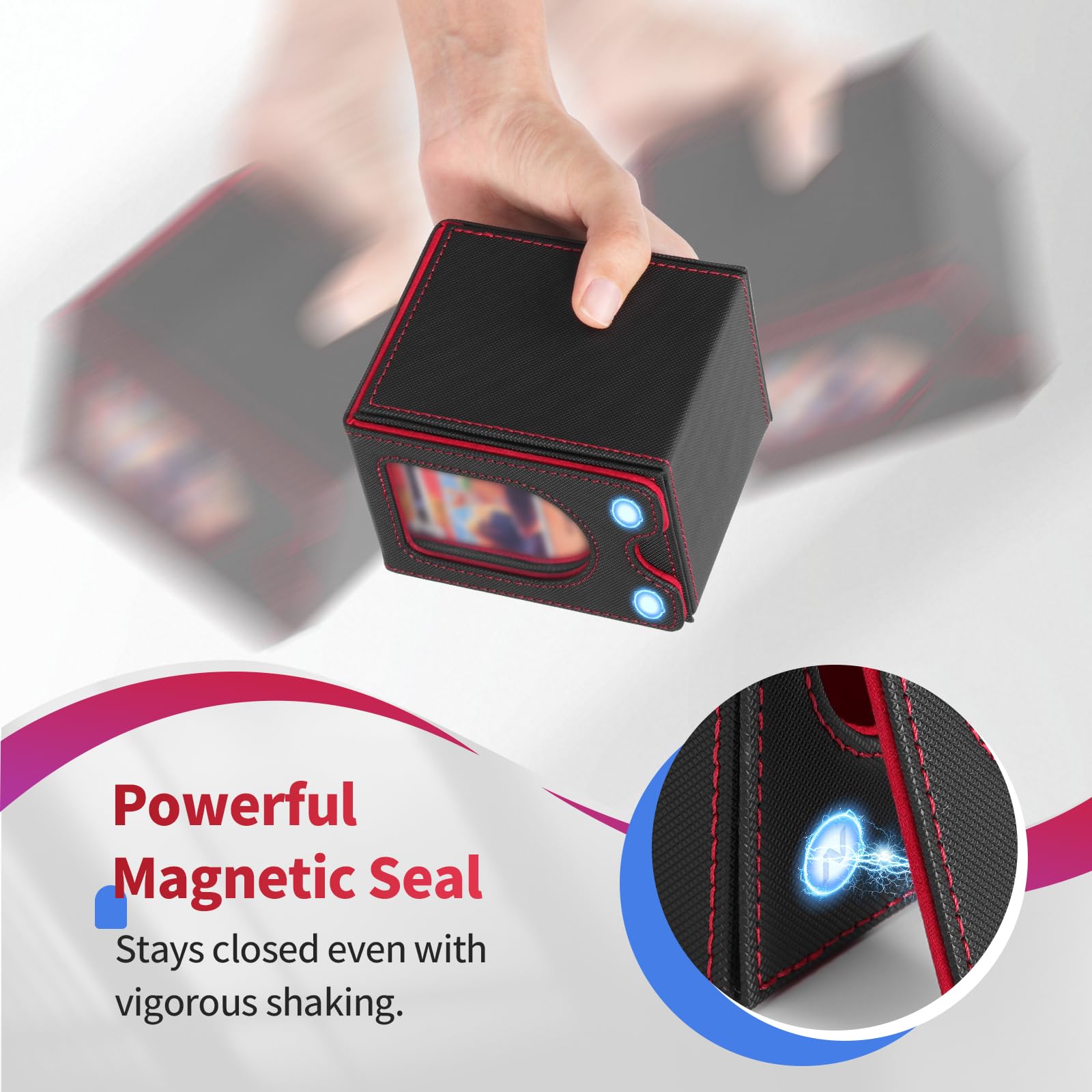 Euqvunn TCG Deck Box avec fenêtre d'affichage, peut contenir jusqu'à 130 cartes à pochettes simples, 2 séparateurs pour rangement facile, idéale pour l'exposition et le transport (Noir Rouge - 3