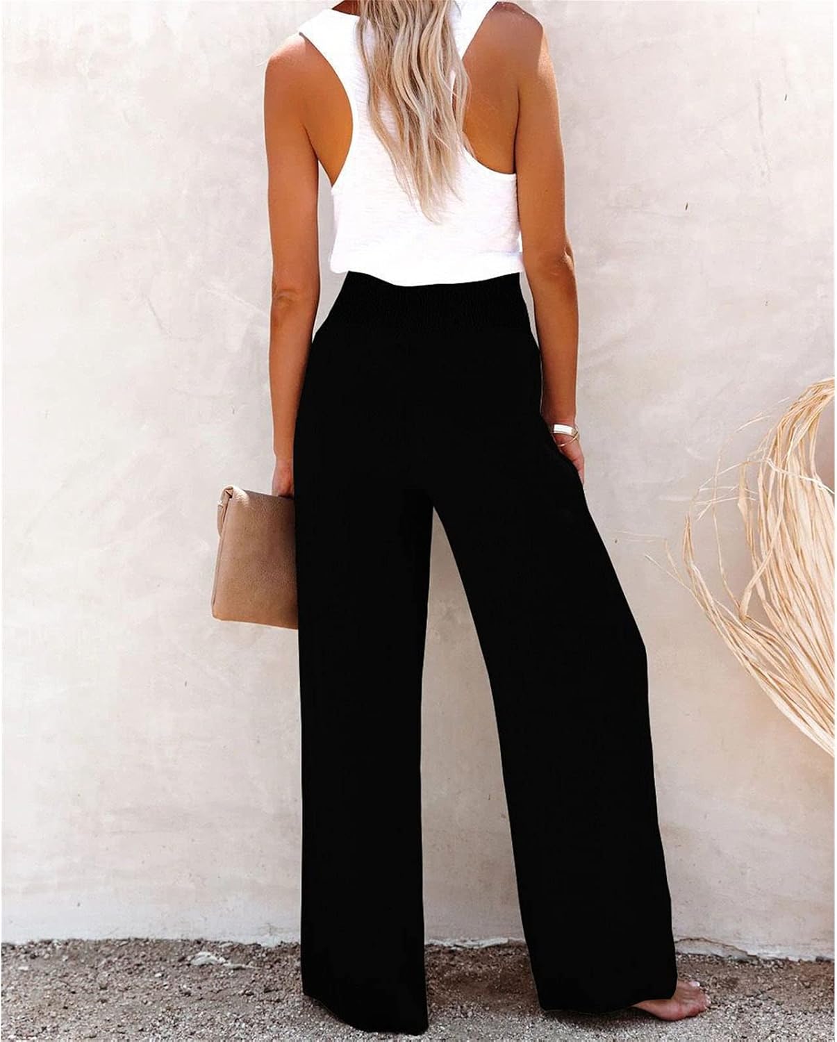 DGHM-JLMY Loose Casual Wide Leg Pants Women High Waist Solid Cotton and Trousers Beach Linen Trousers Elastic Lounge Pants