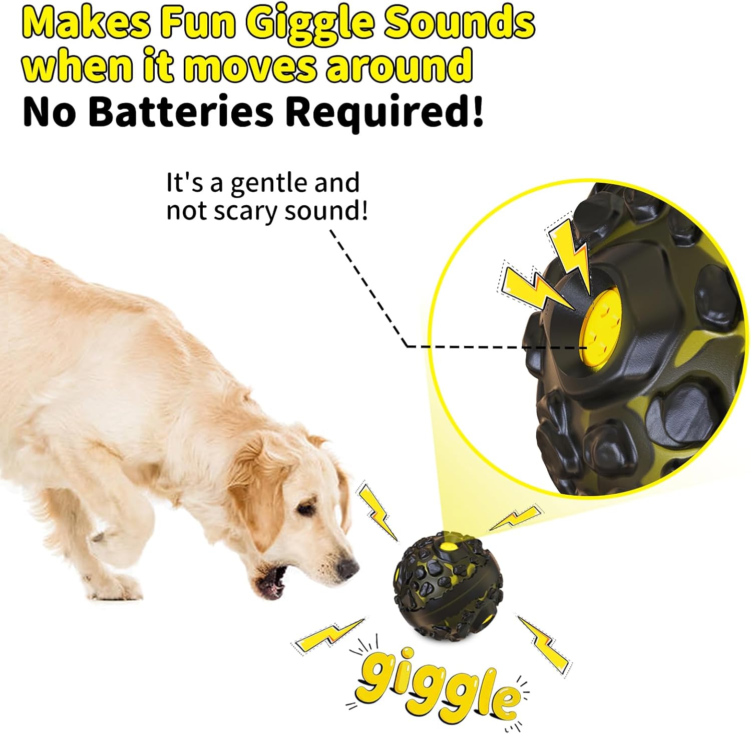 Dog Ball for Aggressive Chewers - Interactive Dog Toy Giggle Balls Fun Squeaky Sound to Keep Them Busy, Durable for Small Medium Large Breeds, Rubber Chew Toys, As Seen on TV, Black & Yellow - Image 2