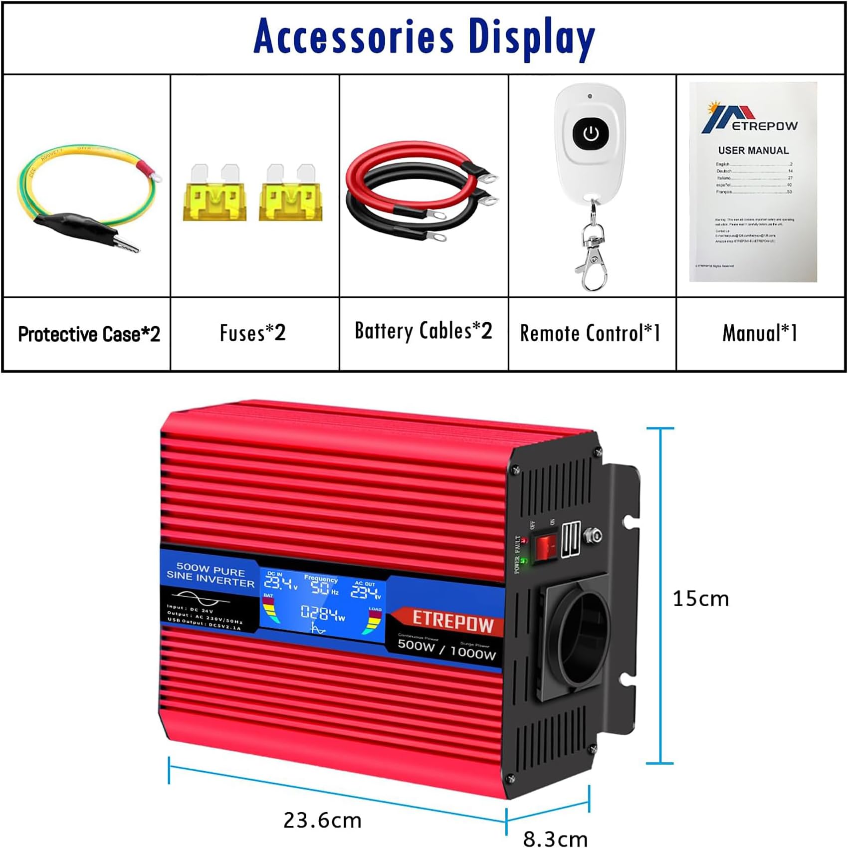 500w Wechselrichter 12v auf 230v Reiner Sinus Spannungswandler mit 2 USB,Drahtlose Fernsteuerung,LCD Bildschirm -Spitzenleistung 1000w Kfz Inverter
