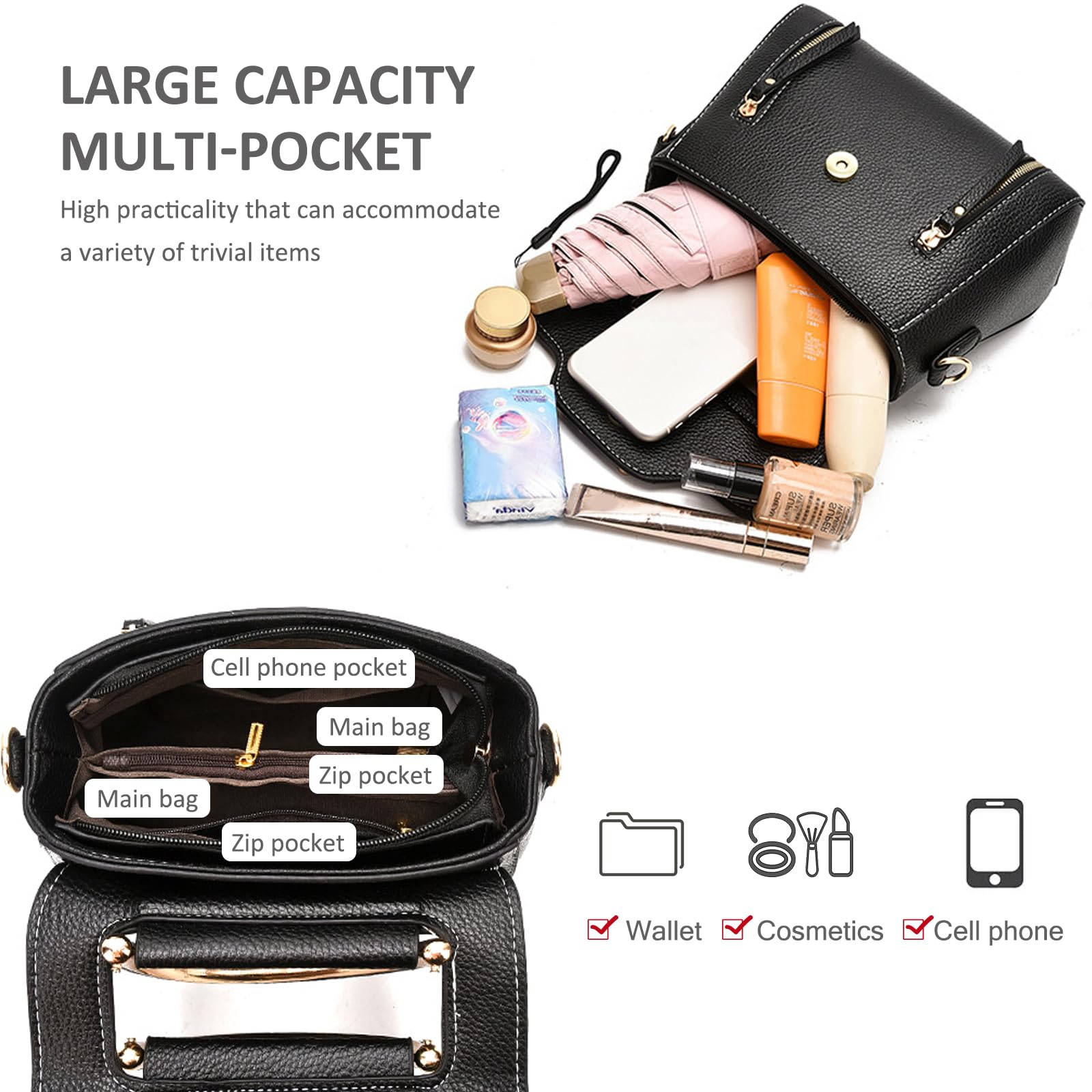 NICOLE & DORIS Bolso Bandolera Mujer Pequeños Bolso de Hombro Cuero PU Bolsos de Mano Crossbody Bolsos Cruzados para Movil Bolsos de Fiesta Negro