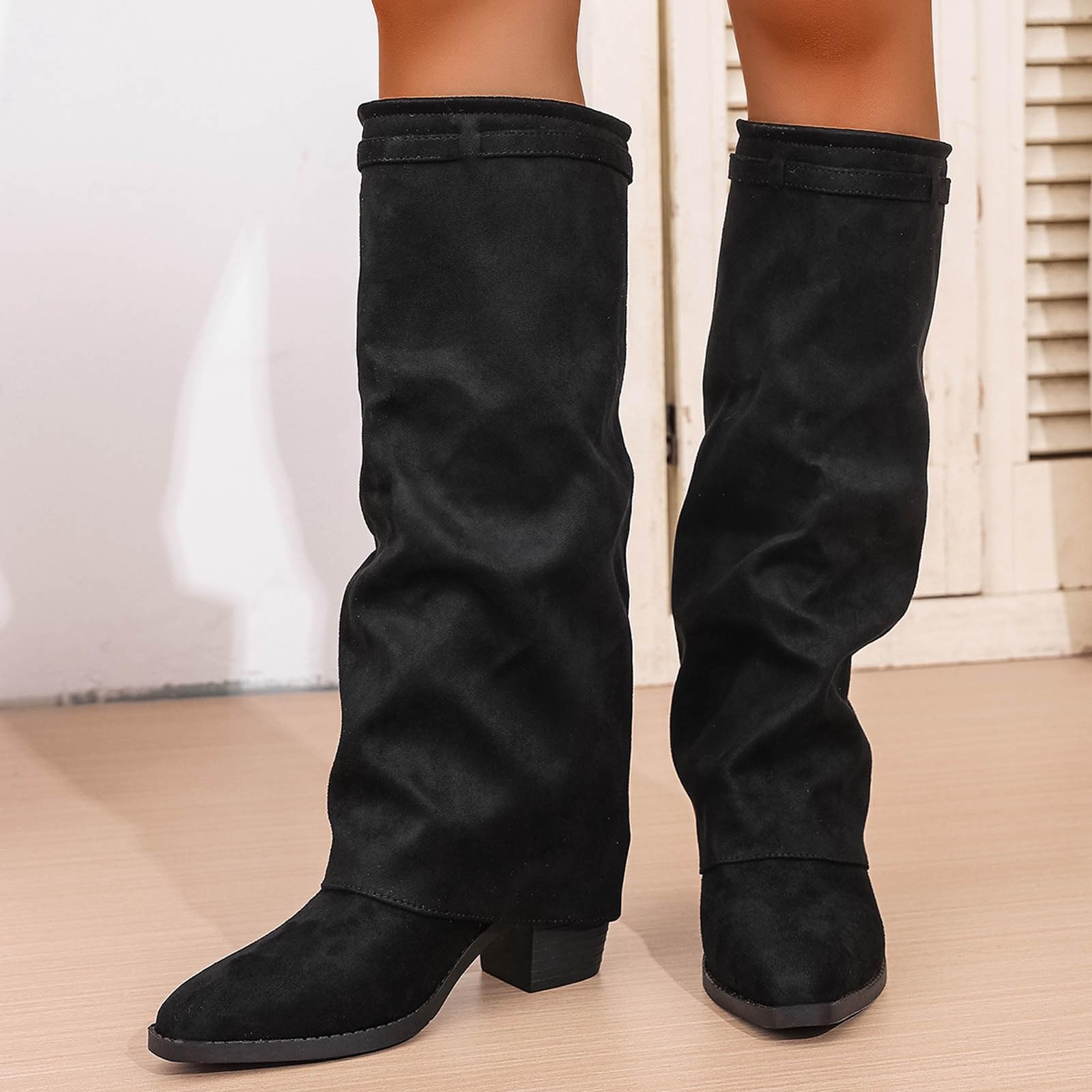 Overknees Stiefel Damen Fold Over Shark Boot Einfarbig Kniehohe Stiefel mit Absatz Blockabsatz Übergangsstiefel Dressy Kniestiefel Mittelalter Schuhe Retro Damenstiefel für Herbst Winter Alltag Casual