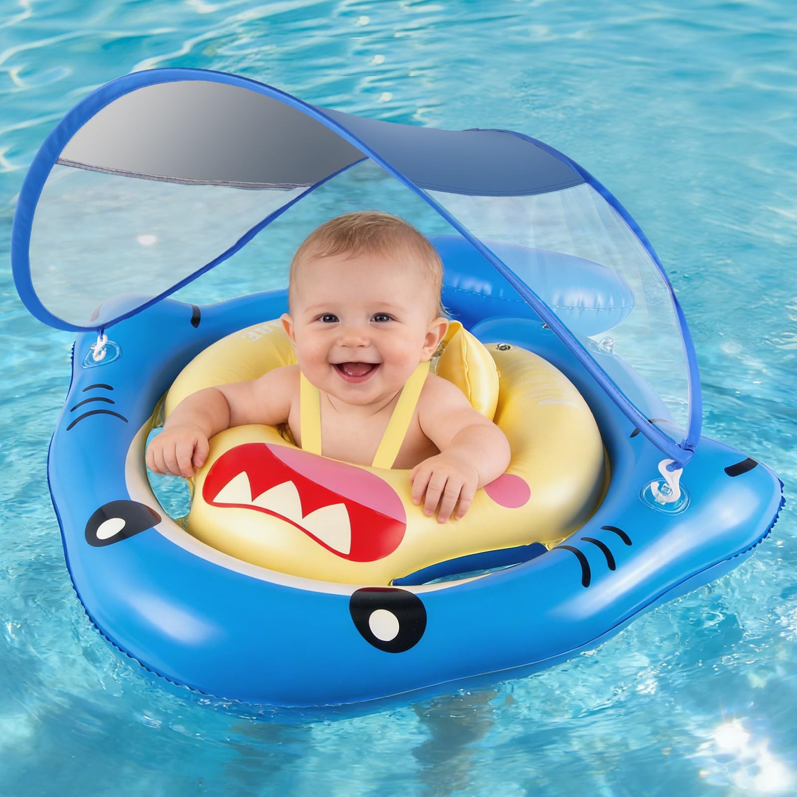 NYOBABE Flotador Bebe para 6-36 Meses, Flotador Bebe con Sombrilla UPF 50+ y Doble Cámara de Aire, Asiento de Seguridad Ajustable, Cámara de Aire Trasera Antivuelco, Flotador para Bebés 1-3 Año