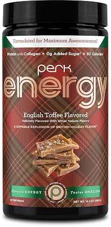 مزيج مشروب الطاقة Perk English Toffee 20 حصة - إصدار العطلة - بديل القهوة الصحية التي تحتوي على الكافيين مع البروتين، 100 ملغ من الكافيين، خالي من الغلوتين، خالي من الصويا، خالي من الفول السوداني