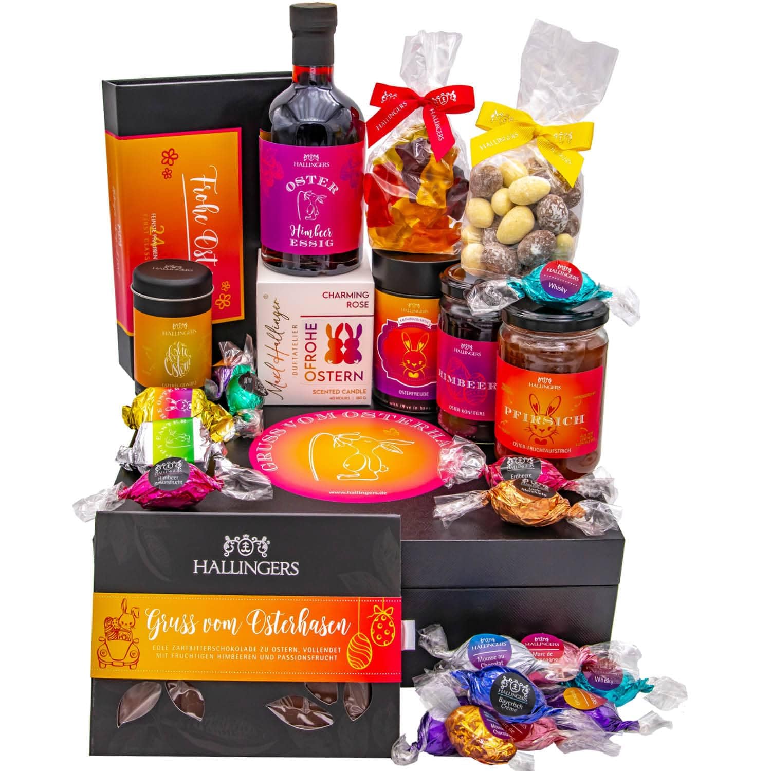 Hallingers Genuss Manufaktur Feinkost Oster-Geschenk-Set - XXL-Geschenkkorb "Gruß vom Osterh..." großer Ostergruß Ostereier, Essig, Nougat, Eistee Konfitüre & viel mehr, Ostern Körbchen für Frauen