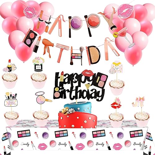 Miniatura 1 de Juego de decoraciones de fiesta de spa, suministros de fiesta de spa, pancarta de maquillaje de feliz cumpleaños, decoración de pastel del día de