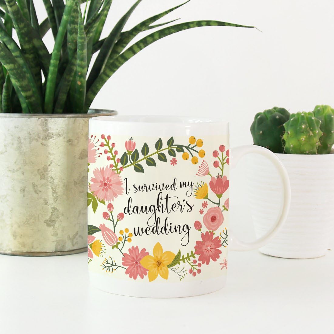 Andaz Press 11oz. Wedding Party Coffee Mug Gift, Vintage Bohemian Floral Flowers, I Survived My Daughter's Wedding, 1-Pack, Bridal Shower Engagement Birthday Christmas Gift for Mother in Law