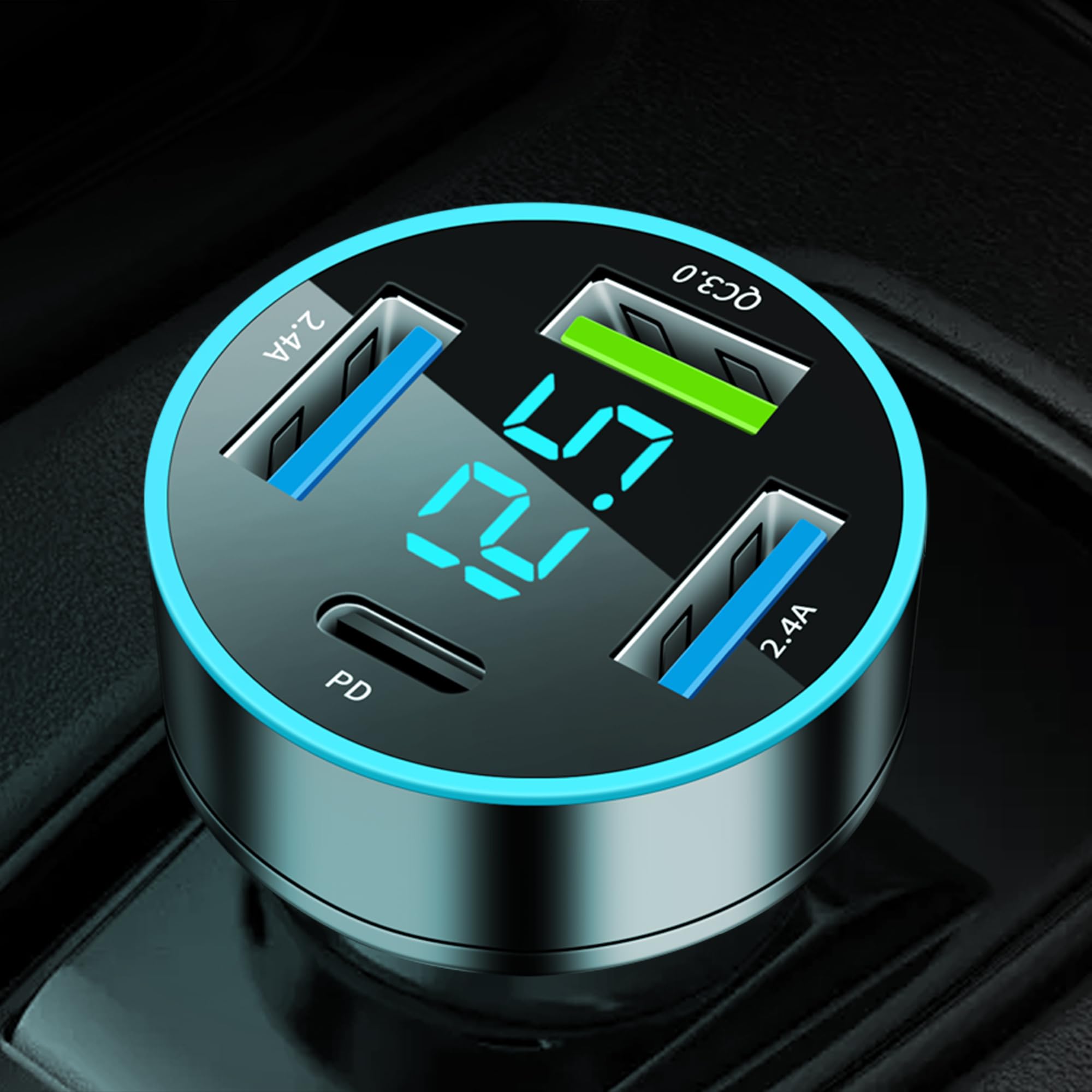 4 Port Car Charger Adapter - USB C Car Charger with LED Voltmeter, PD & QC3.0 - Compatible with iPhone, Galaxy, iPad & More