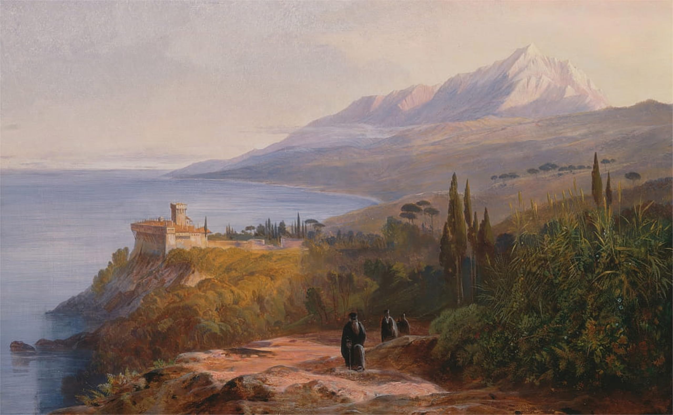 Hrjubwree No Frame Oil Painting Prints On Canvas Painting Picture Mount Athos And The Monastery Stavronikétes By Edward Leaars Artwork Canvas Prints For Office Decor 60X90cm