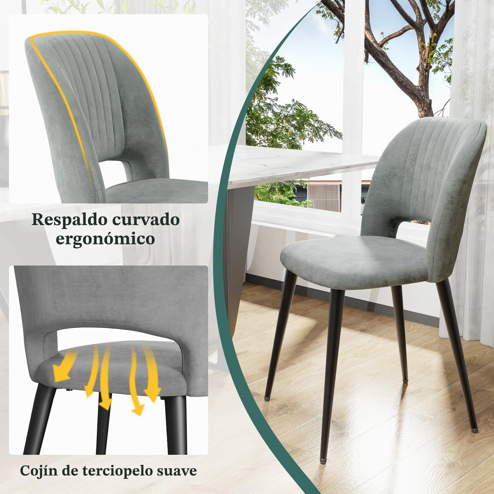 Juego de 4 Sillas de Comedor Tapizadas, Sillas de Cocina de Terciopelo | Sillas con Respaldo Patas de Metal, para Comedor, Salón, Restaurante, Recepción, Oficina, 48x45x85 cm, Gris