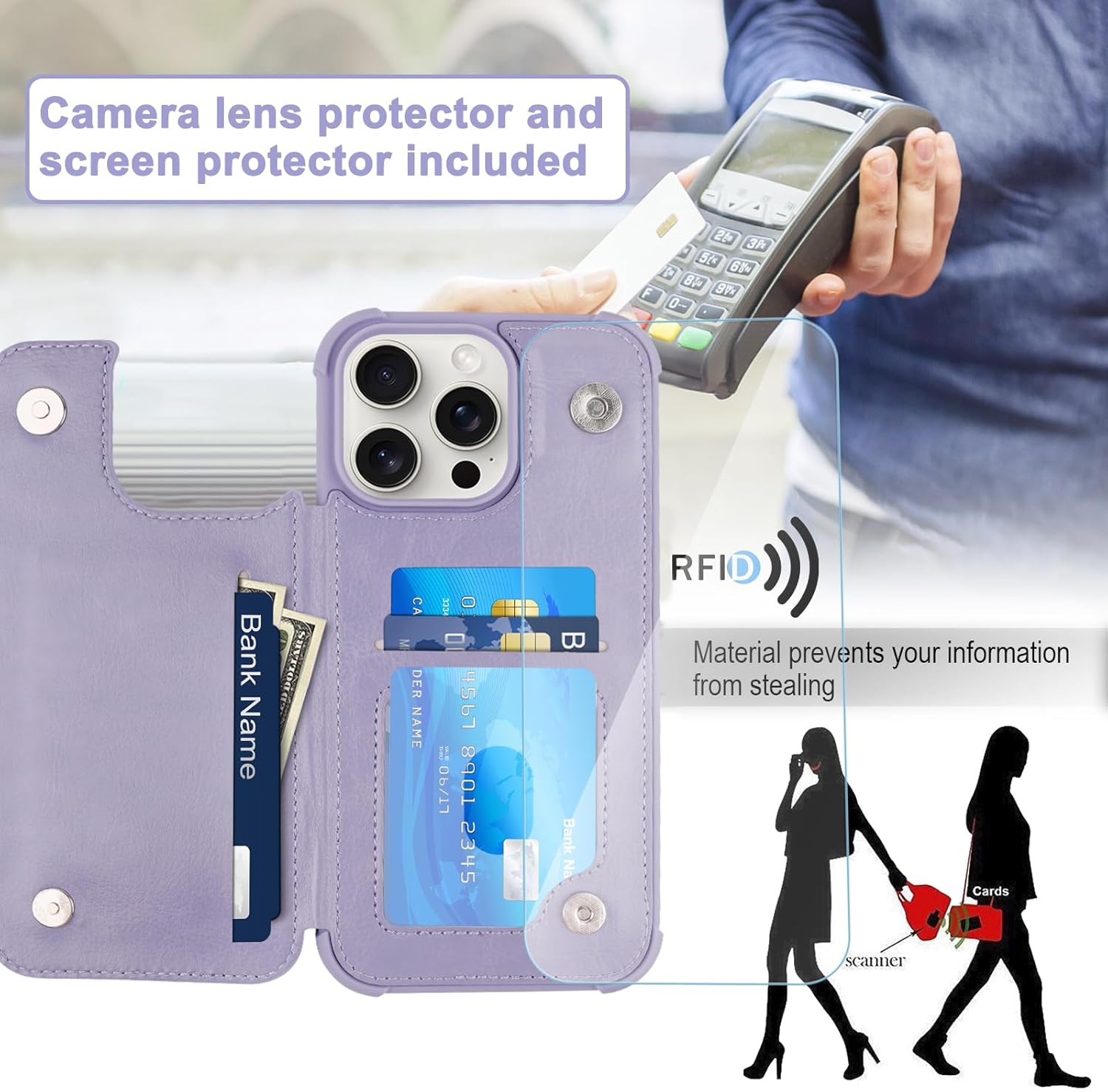 VANAVAGY Compatible for iPhone 16 Pro Wallet Case with RFID Blocking Credit Card Holder, PU Leather Flip Phone Cover Fits Magnetic Car Mount Kickstand with Screen Camera Protector,Clove Purple