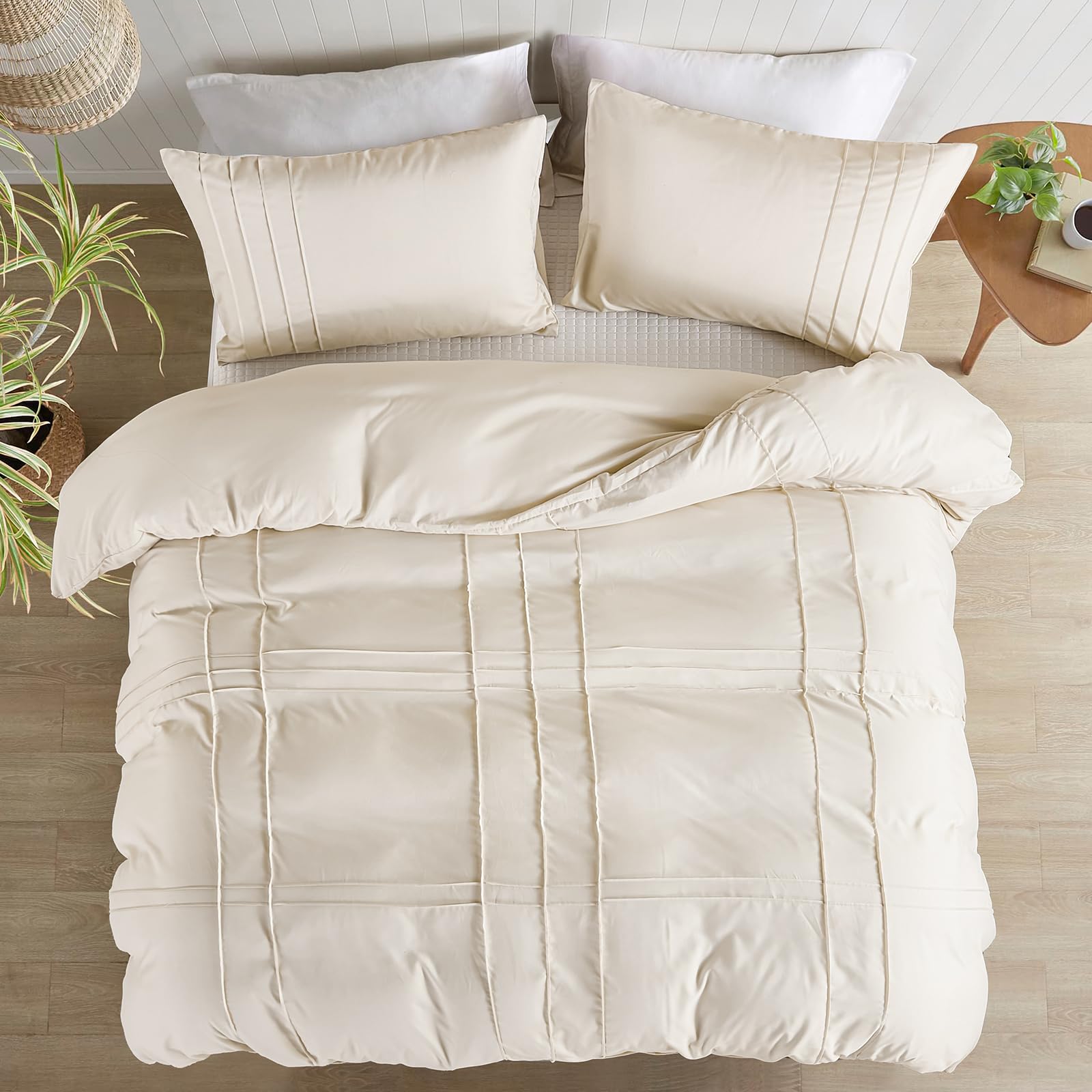 Guchuang Bedding Boho Pintuck Pinch Pleated Beige King Size Duvet Cover Set 3 Piece Tufted Duvet Cover for All Season Soft Breathable Microfiber Bed Cover 220x230cm - Image 3