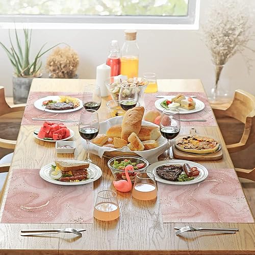 Miniatura 3 de EKOBLA Juego de 4 manteles individuales estéticos con diseño de mármol, antideslizantes, de lino y algodón, lavables, color rosa dorado con