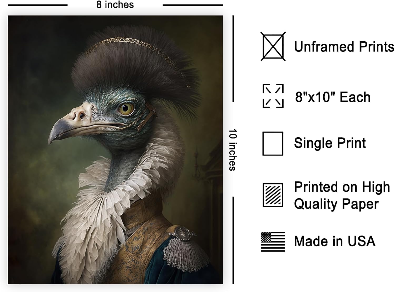 Poster Master Aristocratic Emu Poster - Renaissance Print - Portrait Art - Bird Art - Gift for Men, Women & Animal Lover - Funny Decor for Living Room, Bedroom or Kid's Room - 8x10 UNFRAMED Wall Art