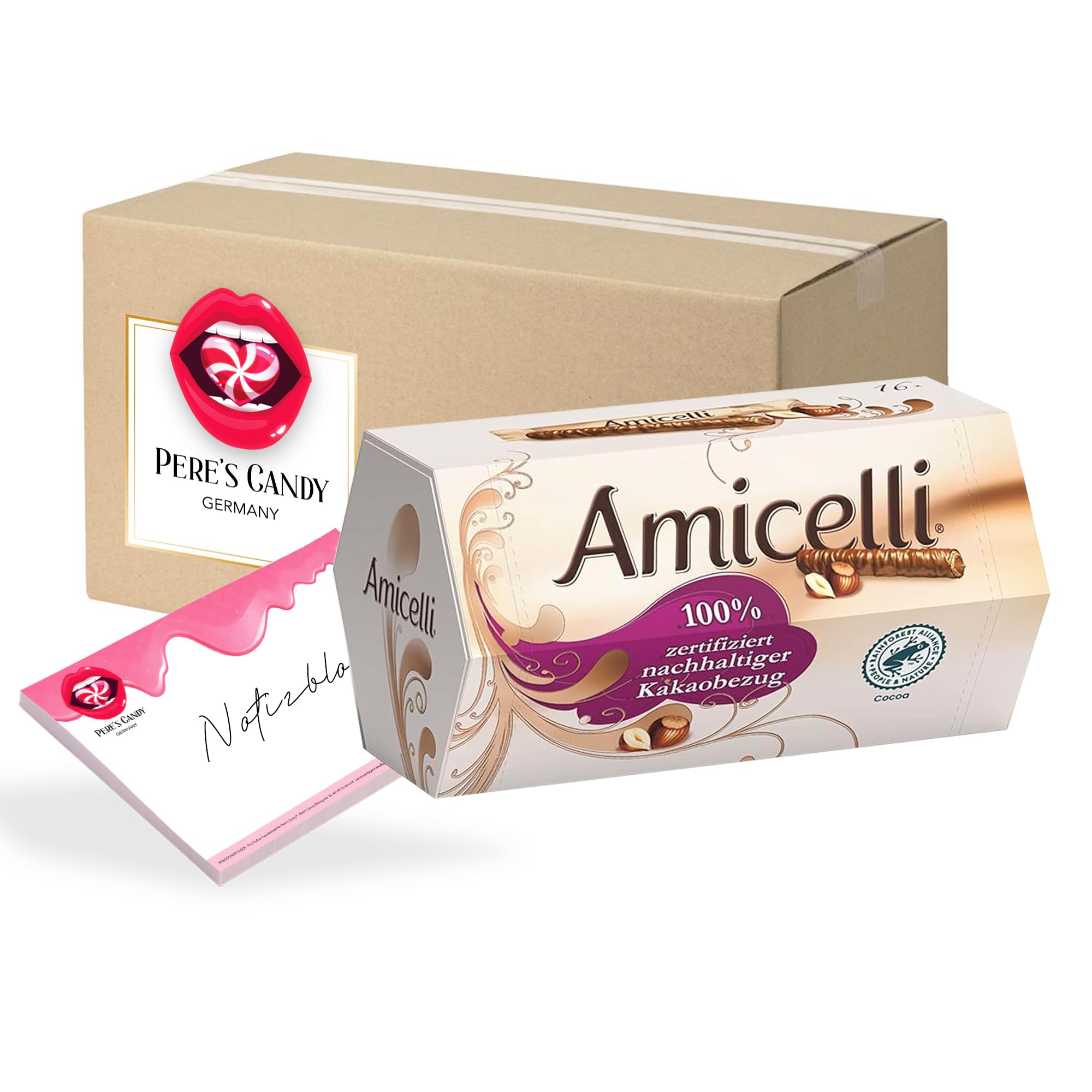 Pere's Candy Bundle für 8 x Amicelli Box Waffelröllchen mit Haselnuss-Creme-Füllung 200g + Pere's Candy Notepad DIN A7-25 Blatt