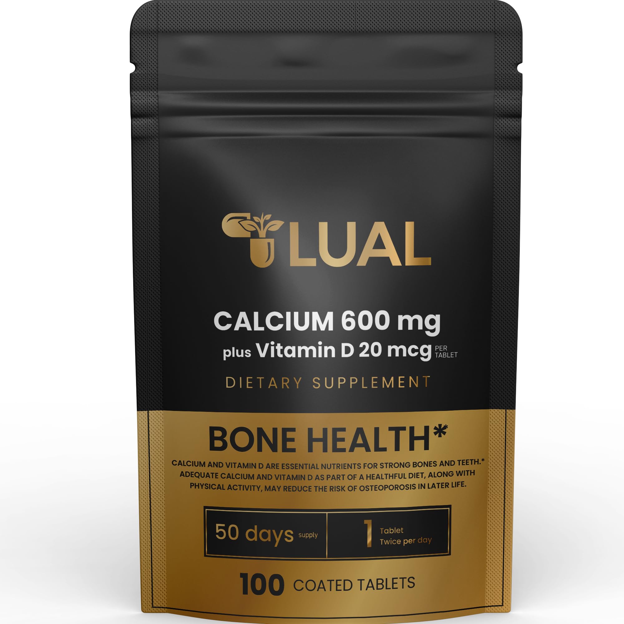 LUAL Calcium Bone Health Dietary Supplement Tablets, 600 mg, 100 Count