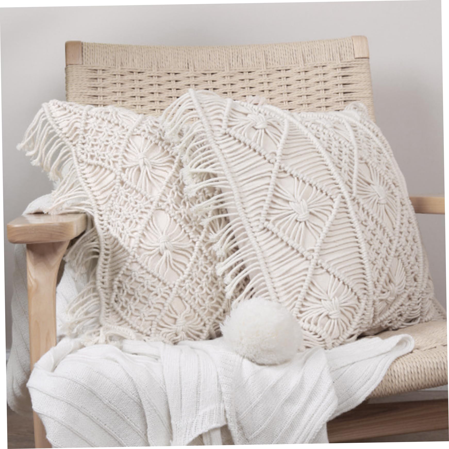 Federe per cuscini Boho con frange in cotone, 2 federe morbide per cuscini quadrati per divano per l'arredamento del soggiorno/18x18 pollici