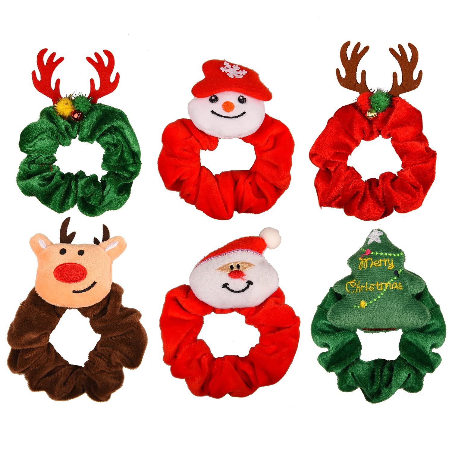 AOVNA 6 Pack Christmas Hair Scrunchies Christmas Tree Elk Santa Velvet Elastic Hair Bands, Brown,Green,Red, 6 count (Pack of 1)