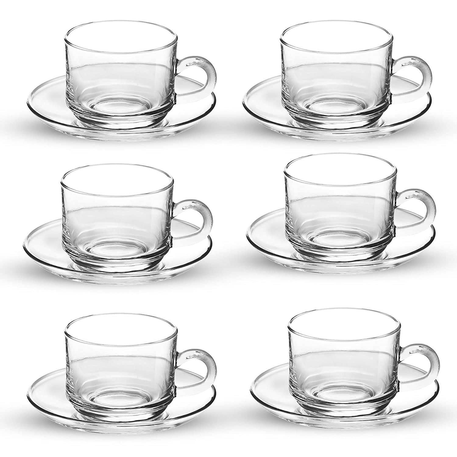 KOSH Modern Basic Glass Tea Coffee Milk Cappuccino Mug Cup and Saucer, Transparent, Glass Tea 6 Cup and 6 Saucer, Clear, Set, Clear Cups, 180 ml Capacity (Set of 6)