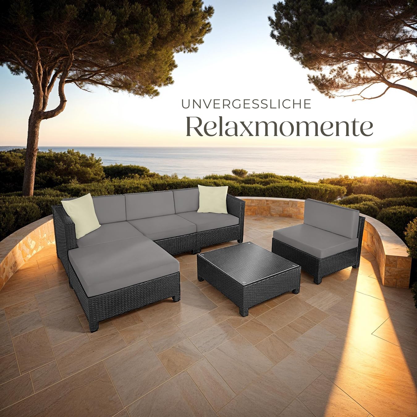 tectake Gartenmöbel Set, Lounge aus Poly Rattan und Aluminium, Balkon Möbel Set mit 10 cm Polsterung und Kissen, ideal für Garten und Balkon, inkl. 2 Sessel, 2 Ecksessel, 1 Tisch, 1 Hocker - schwarz
